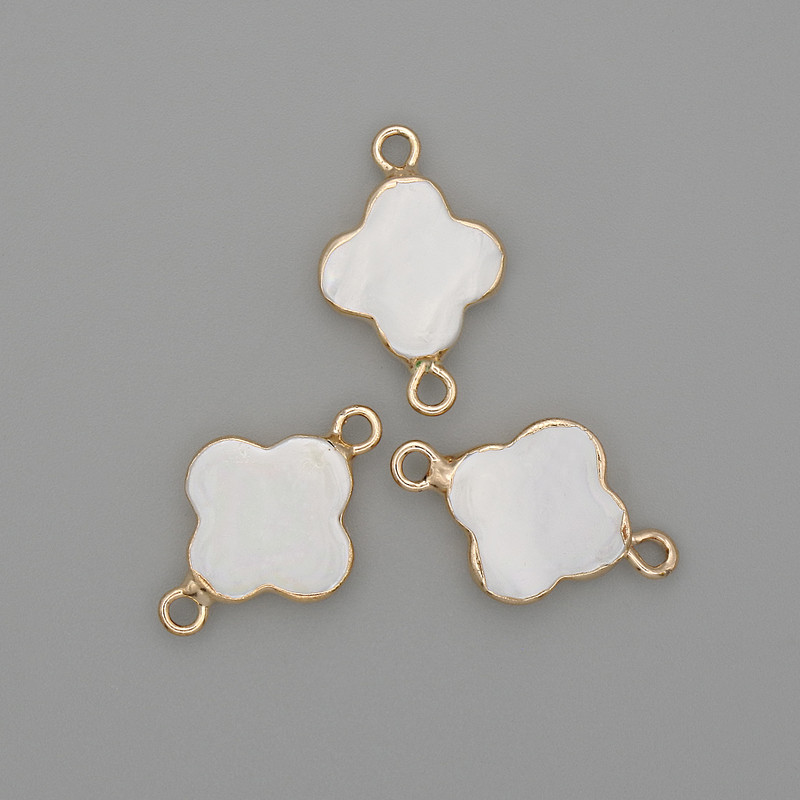 Konnektor Kleeblatt mit Perlmutt im goldfarbenen Metall, 20×12 mm+