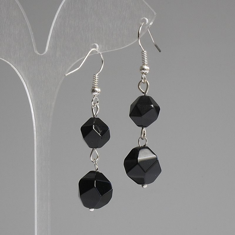 Ohrringe aus schwarzem Onyx, facettierte 10–12 mm, Länge ca. 50 mm