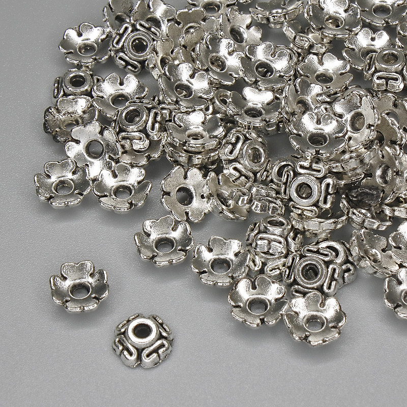 Silberfarbene Perlenkappe für Perlen, Durchmesser 6,5×1 mm, Loch Ø ca. 1,8 mm, Verpackung 20 g (~88 Stück)
