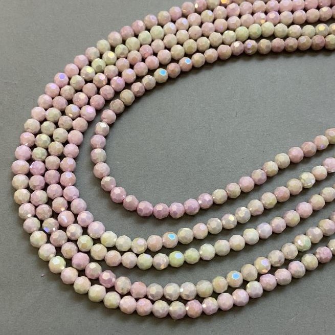 Tschechische Kristall-Glasperlen Multicolor mit Benzin-Effekt auf Schnur, facettierte Kugeln, Durchmesser ca. 6 mm, Länge ca. 38 cm
