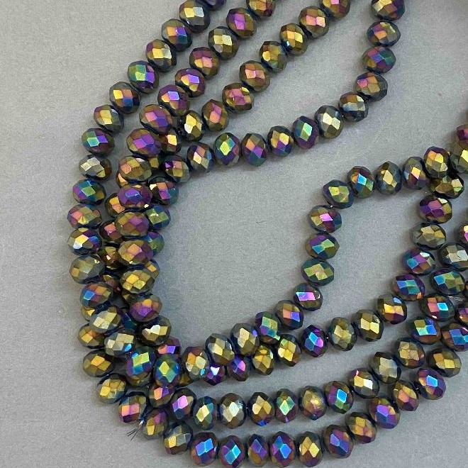 Perlen tschechischer Kristall auf Schnur – Multicolor, mit Benzin-Beschichtung, facettierte Rondellen, Durchmesser 8 × 6 mm, Länge ca. 39 cm ±
