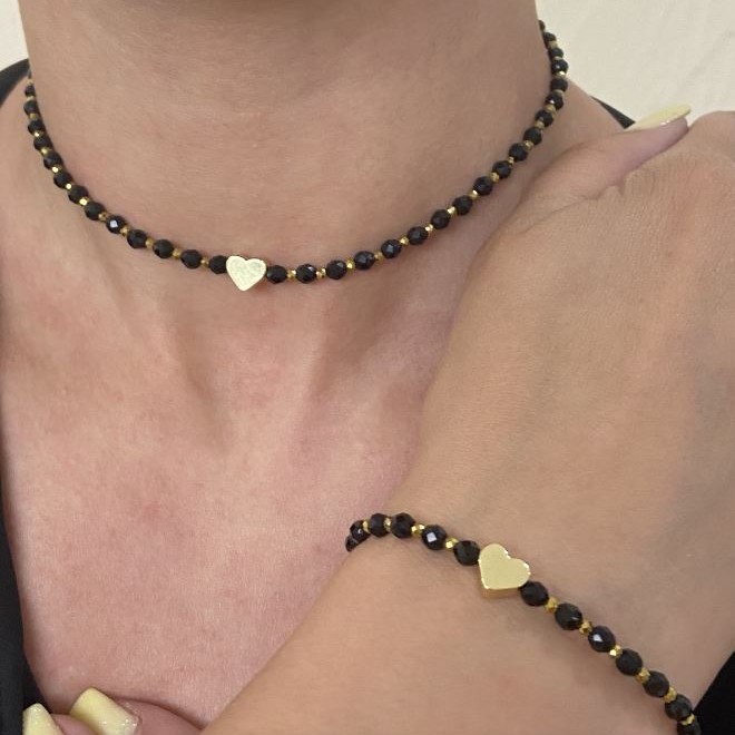 Schmuckset „Herz“ Choker und Armband aus schwarzem Achat und goldfarbenem Hämatit, Größen verstellbar