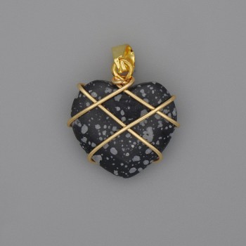 Anhänger „Herz“ im Geflecht aus Schneeflocken-Obsidian 21 × 21 mm ±, Durchmesser ca. 30 mm+
