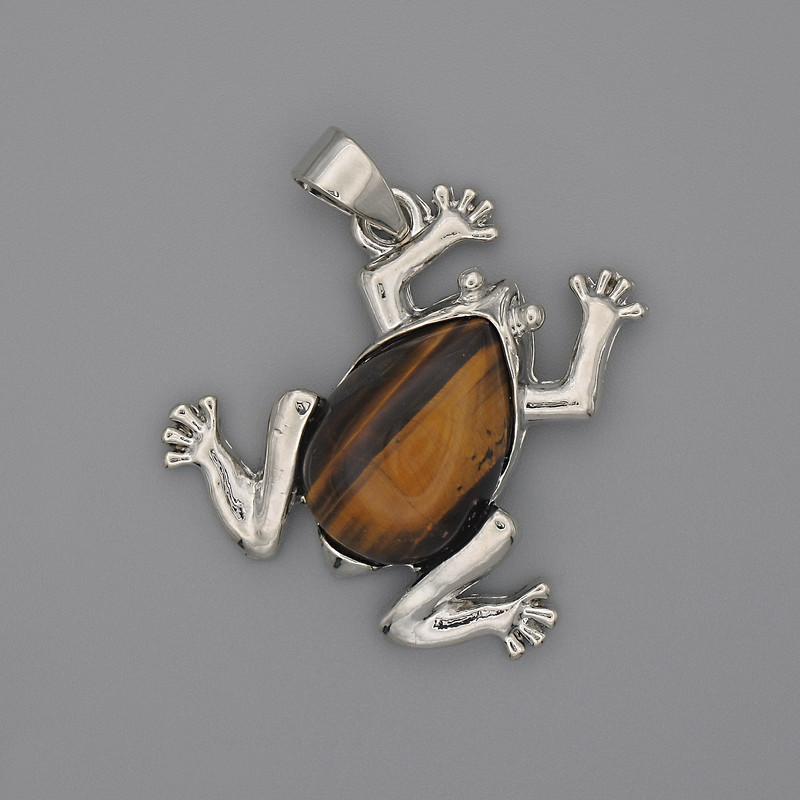 Anhänger Frosch Tigerauge 29×28 mm ±, Länge 37 mm+