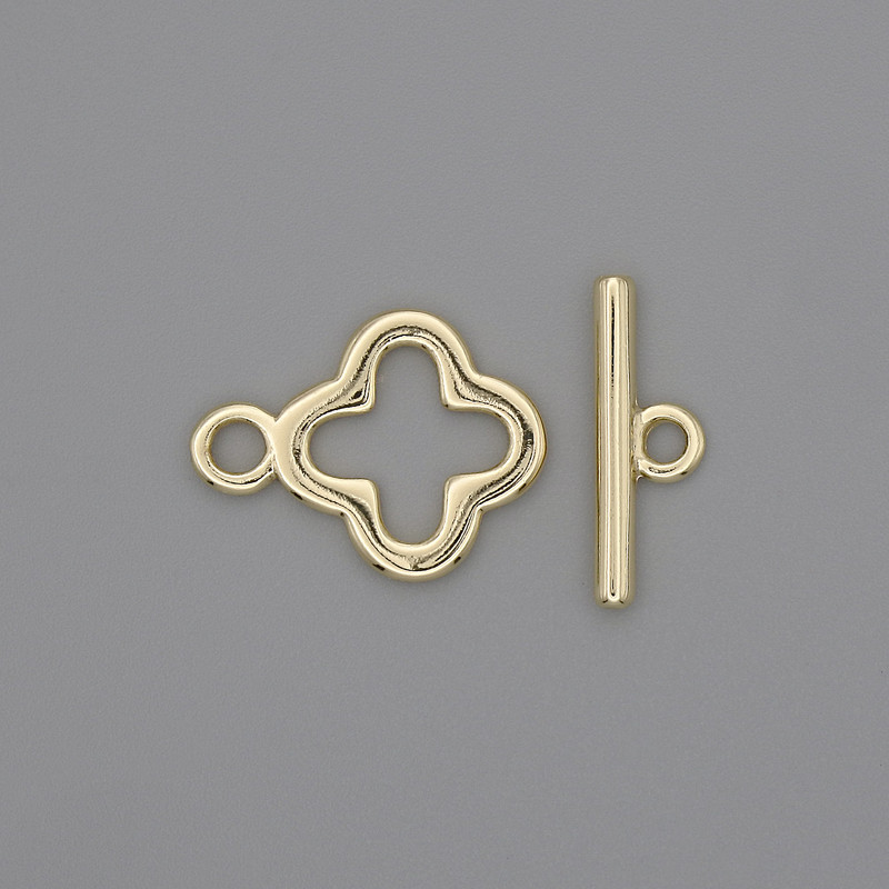 Toggle-Verschluss, Kleeblatt-Form, Durchmesser 17×2 mm ±, Kleeblatt-Durchmesser 14 mm ±, Lochdurchmesser 10 mm ±, goldfarbener Metallton