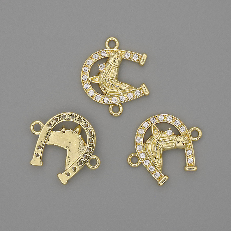 Verbindungsstück Hufeisen, weiße Strasssteine, goldfarbenes Metall, 14×17 mm+