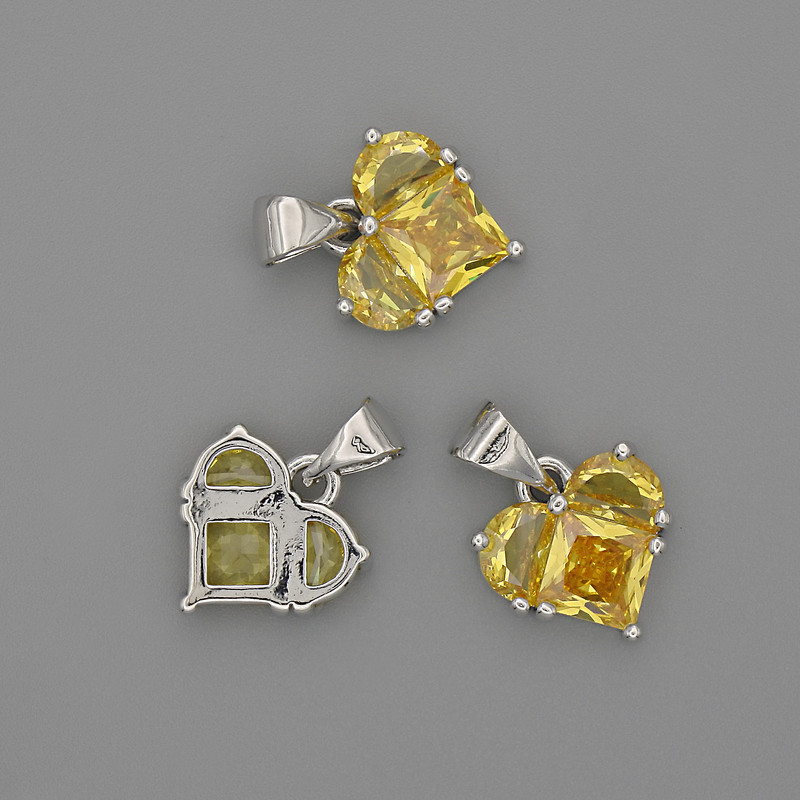 Herzanhänger mit gelben Kristallen, 12 × 12 mm, Länge ca. 17 mm, silberfarbenes Metall