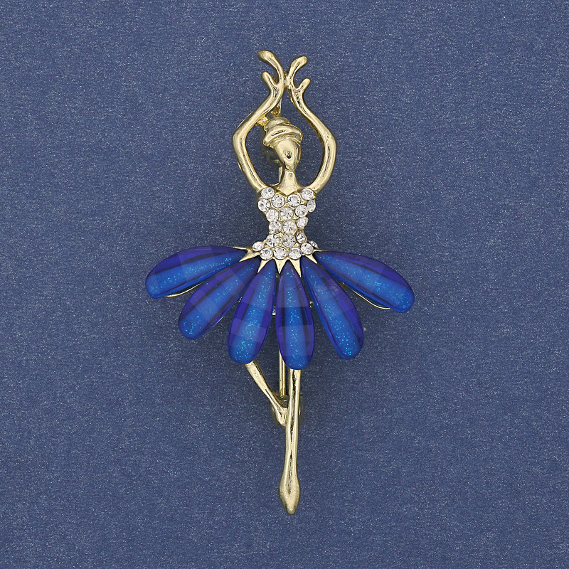 Brosche-Anhänger »Ballerina« mit weißen Strasssteinen, goldfarbenem Metall, 50×28 mm