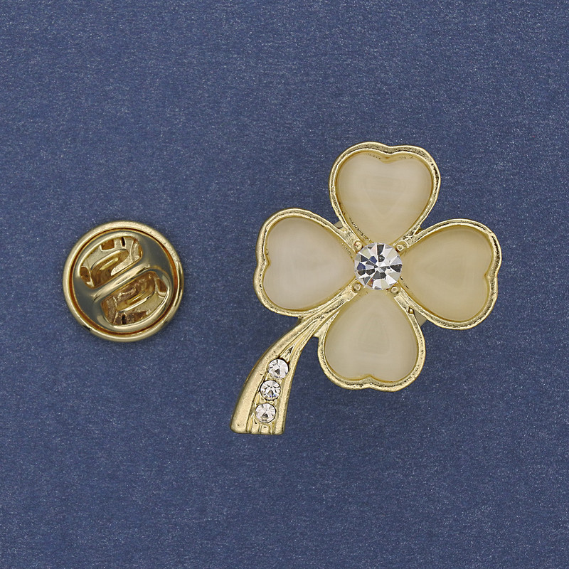 Brosche Katzenauge-Kleeblatt mit Strasssteinen und goldfarbenem Metall 19×30 mm+