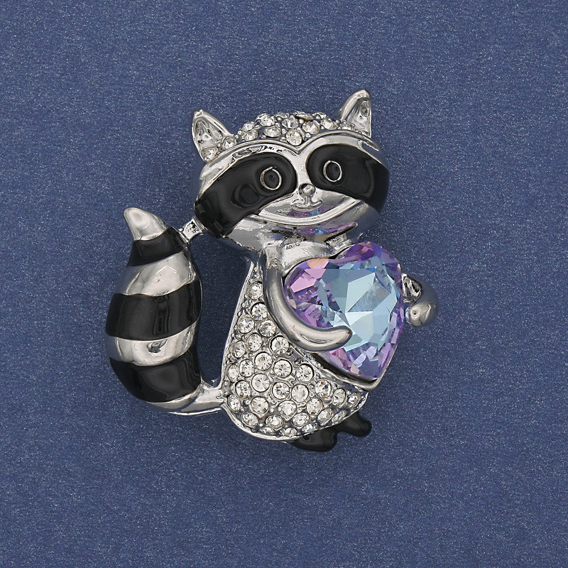 Brosche-Anhänger Waschbär, weiße Strasssteine, Kristallherz, silbernes Metall, 32 × 30 mm+