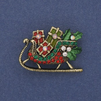 Brosche 'Weihnachtlicher Schlitten' bunte Emaille, Strasssteine, goldfarbenes Metall, 35×24 mm +