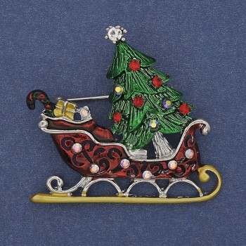 Brosche 'Weihnachts-Schlitten' mit farbiger Emaille, Strasssteinen und silberfarbenem Metall 42×39 mm +