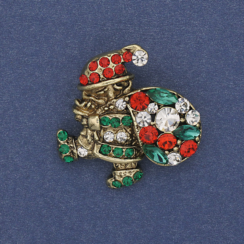 Brosche »Weihnachts-Santa« mit Strass-Steinen aus goldfarbenem Metall 28×26 mm +