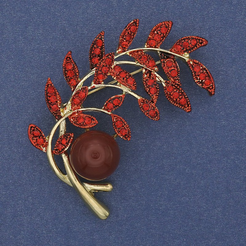 Brosche Ästchen Karneol mit roten Strasssteinen, goldfarbenes Metall, 54×46 mm +