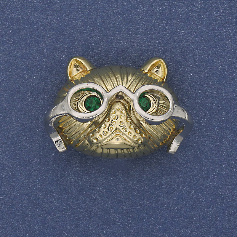 Brosche-Anhänger „Katze mit Brille“ grüne Strasssteine goldfarbenes Metall 29×21 mm+