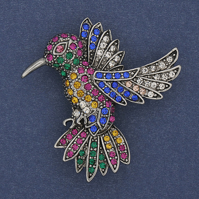 Brosche Kolibri, bunte Strass-Steine, silberfarbenes Metall, 45×42 mm+
