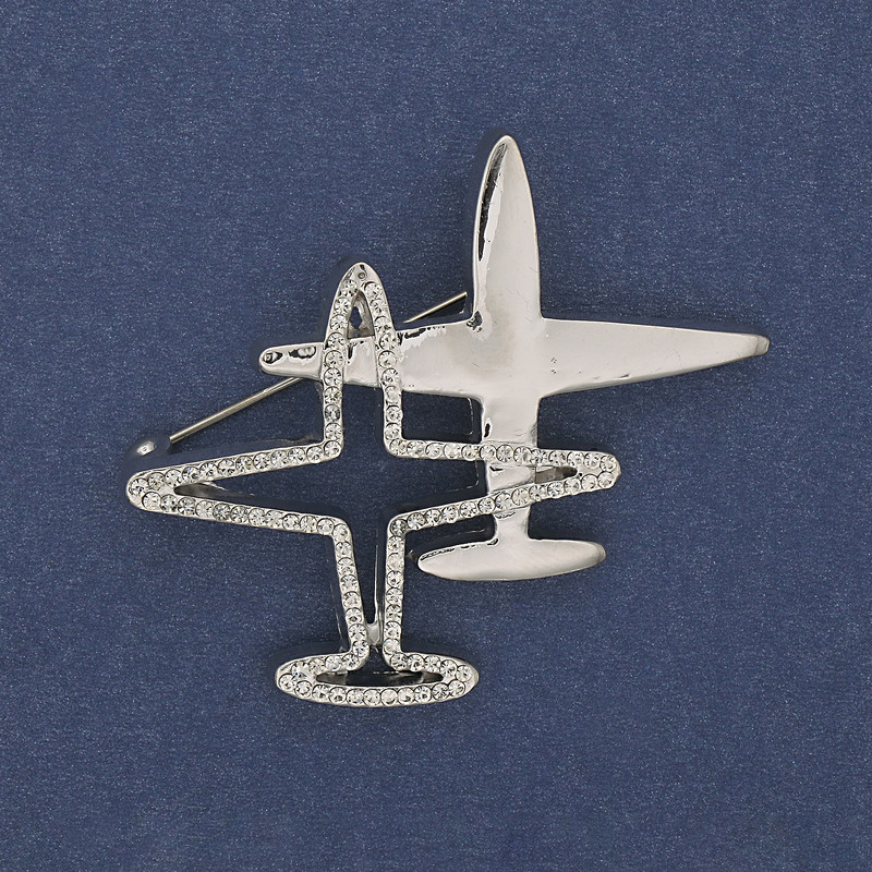 Brosche-Anhänger Flugzeug mit weißen Strasssteinen, silberfarbenes Metall 43×50 mm+