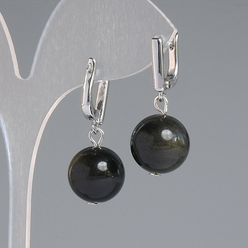 Ohrringe aus Sonnen-Obsidian, glatte Kugel, Durchmesser ca. 14 mm, Länge ca. 32 mm, silberfarbenes Metall