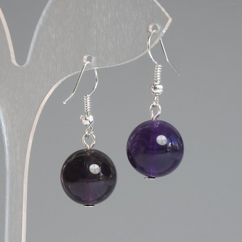 Ohrringe Amethyst, natürlicher Stein, glatte Kugel, Durchmesser ca. 14 mm, Länge ca. 32 mm, silberfarbenes Metall
