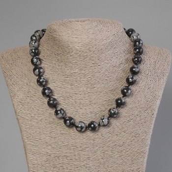 Halskette aus Schneeflocken-Obsidian, glatte Kugeln, Durchmesser ca. 12 mm, Länge ca. 50 cm, mit Verschluss