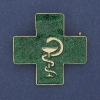 Brosche-Anhänger Kreuz mit Schlange über dem Kelch – grüne Emaille, goldfarbenes Metall 38×38 mm+
