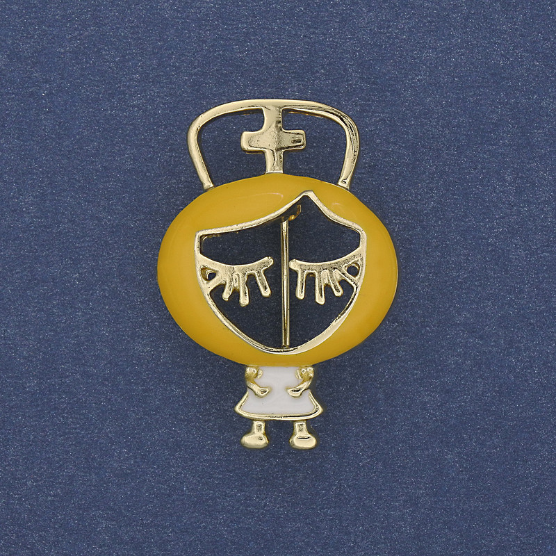 Brosche 'Krankenschwester' gelb-weiße Emaille, goldfarbenes Metall, 21×30 mm+
