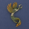 Vogel-Brosche, grün und gelb emailliert, Strasssteine, goldfarbenes Metall, 43×67 mm +