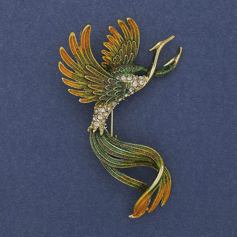 Vogel-Brosche, grün und gelb emailliert, Strasssteine, goldfarbenes Metall, 43×67 mm +