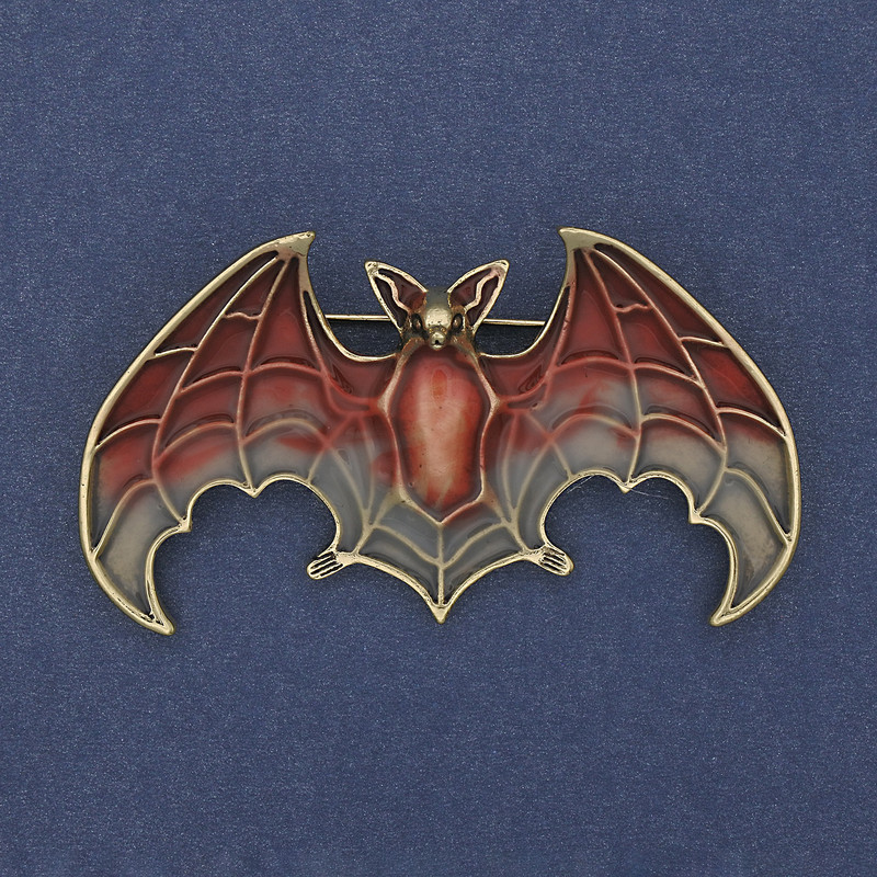 Brosche-Anhänger Fledermaus rote und graue Emaille goldfarbenes Metall 36 × 60 mm +