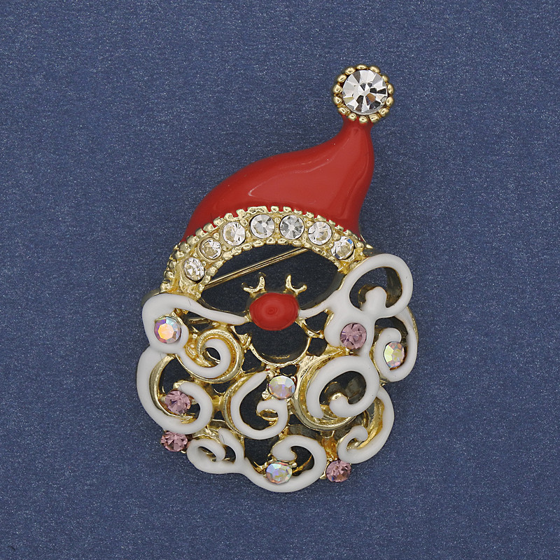 Weihnachtsbrosche »Santa« mit roter Emaille und Strasssteinen, goldfarbenem Metall 26×38 mm +