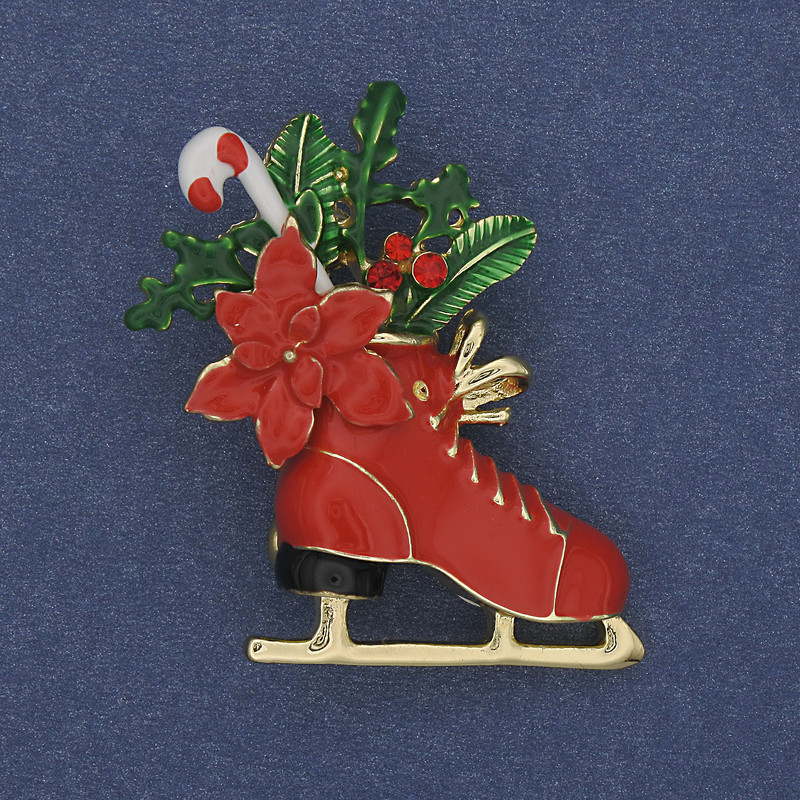 Brosche Neujahrs-Schlittschuh rot-grün, Emaille, goldfarbenes Metall, 27×38 mm +