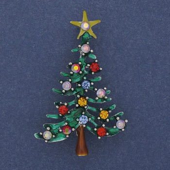 Brosche Weihnachtsbaum, grün emailliert, bunte Strasssteine, goldfarbenes Metall, 32×49 mm +
