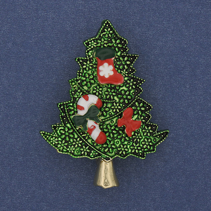 Brosche/Anhänger Weihnachtsbaum, grüne Emaille, goldfarbenes Metall, 32×42 mm +