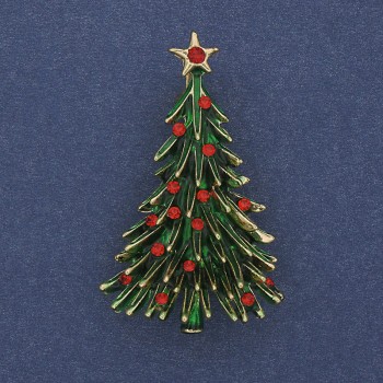 Brosche 'Weihnachtsbaum' grüne Emaille, Strasssteine, goldfarbenes Metall, 24×42 mm +