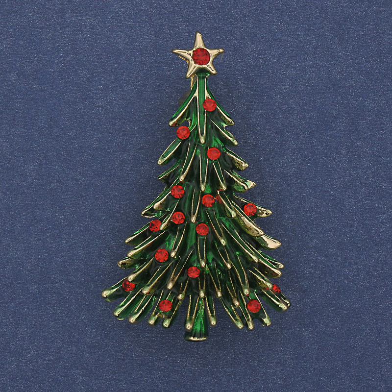 Brosche 'Weihnachtsbaum' grüne Emaille, Strasssteine, goldfarbenes Metall, 24×42 mm +