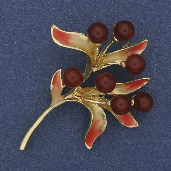 Brosche 'Karneolzweig' mit Emaille, 42×55 mm ± goldfarbenes Metall