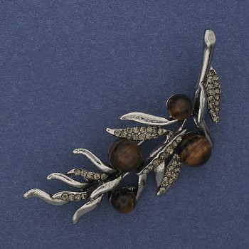Brosche 'Zweig' mit Tigerauge, grauen Strasssteinen, 67 × 26 mm, silberfarbenes Metall
