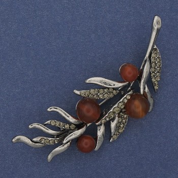 Brosche 'Karneolzweig' mit grauen Strasssteinen, 67×26 mm, silberfarbenes Metall