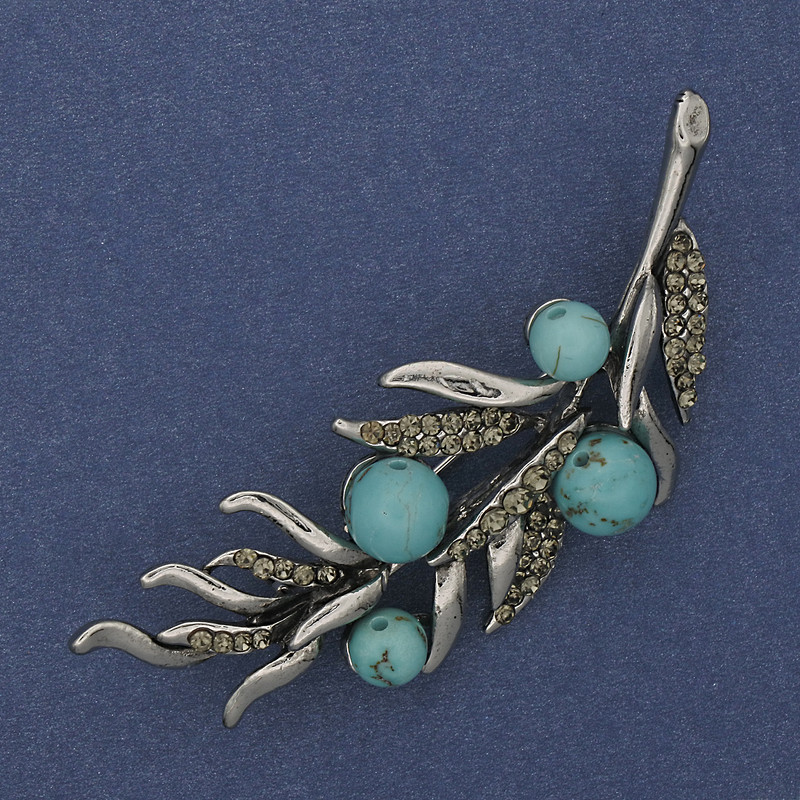 Brosche 'Zweig Türkis' mit grauen Strasssteinen, 67×26 mm, silberfarbenes Metall