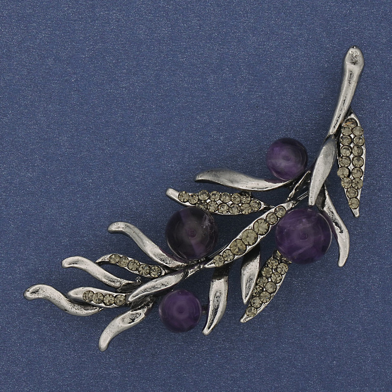 Brosche Zweig Amethyst, graue Strasssteine, 67×26 mm, silberfarbener Metall