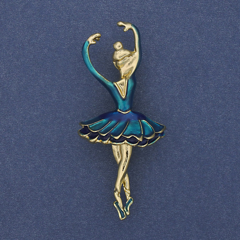 Brosche-Anhänger Ballerina, blaue Emaille, goldfarbenes Metall, 25×57 mm+