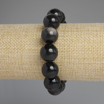 Armband aus natürlichem Obsidian, silberglänzende glatte Kugel, Durchmesser 14 mm, Länge 18 cm +