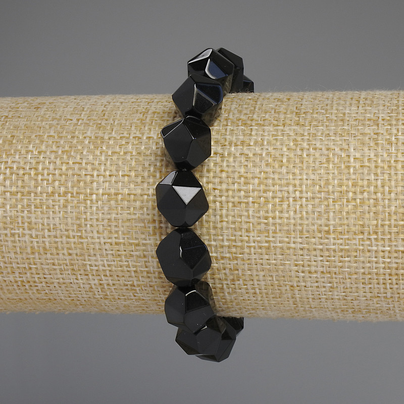 Armband aus schwarzem Onyx, facettierte Perlen, Durchmesser 12 × 10 mm, Länge ca. 18 cm, elastisch