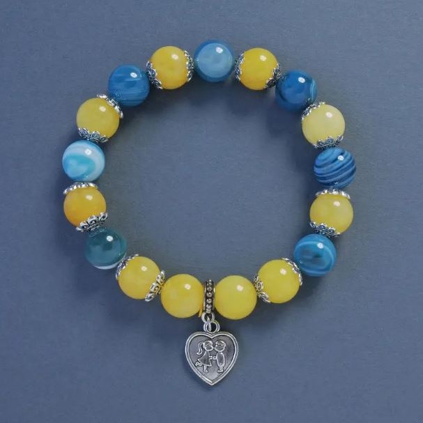 Armband gelb-blaues Achat, Citrin (Einzelstück) glatte Kugel, Durchmesser 10 mm+-, Länge 18 cm+-, Stretcharmband mit Herzanhänger