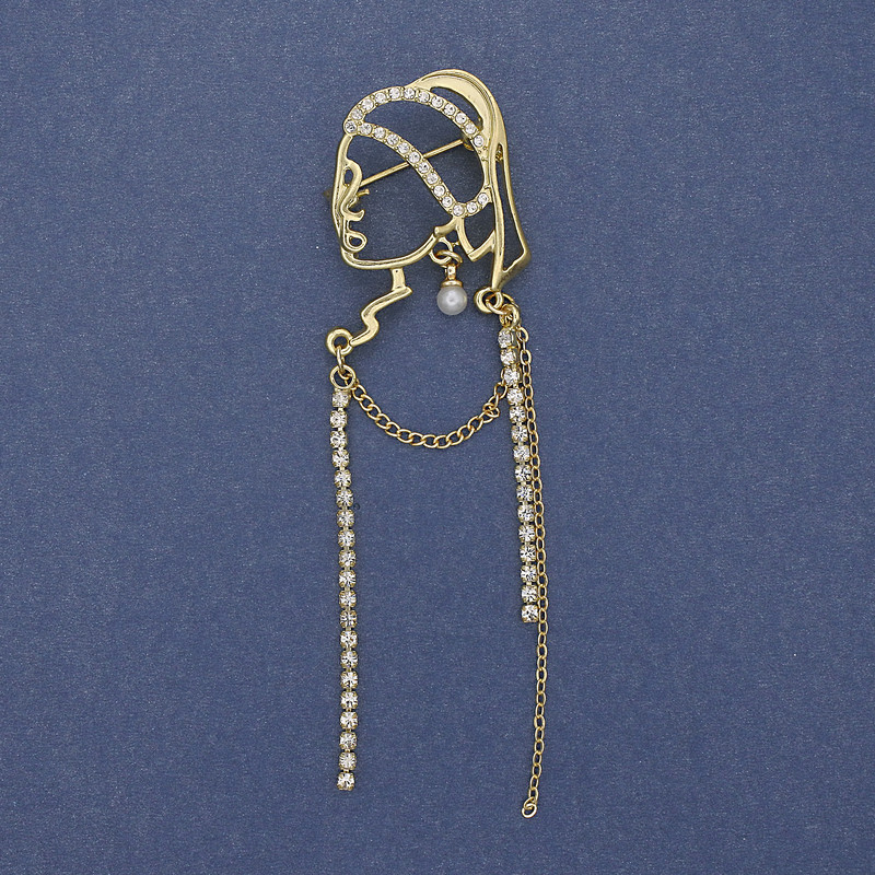 Brosche „Mädchen mit dem Perl-Ohrring“, weiße Strasssteine, goldfarbenes Metall, 85×24 mm+