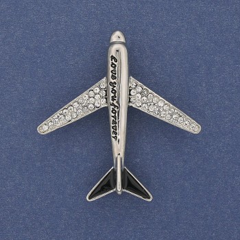 Brosche Flugzeug, weiße Strasssteine, silberfarbenes Metall 43×40 mm+