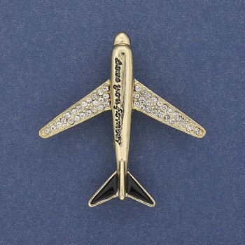 Brosche Flugzeug mit weißen Strasssteinen, goldfarbenem Metall, 43×40 mm