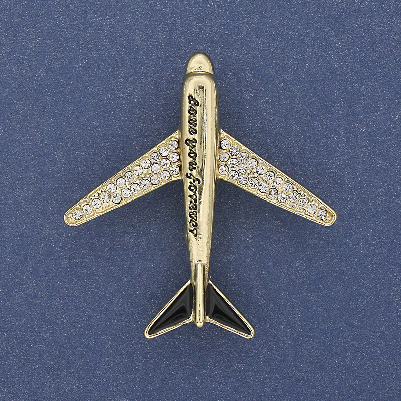 Brosche Flugzeug mit weißen Strasssteinen, goldfarbenem Metall, 43×40 mm