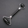 Massagegerät aus schwarzem Achat, beidseitig, Länge 14,5 cm, silberfarbener Rahmen