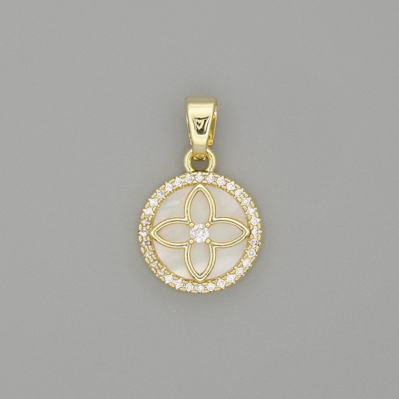 Perlmutt-Anhänger Kleeblatt im Kreis, mit Strasssteinen, goldfarbenes Metall, 20×13 mm+